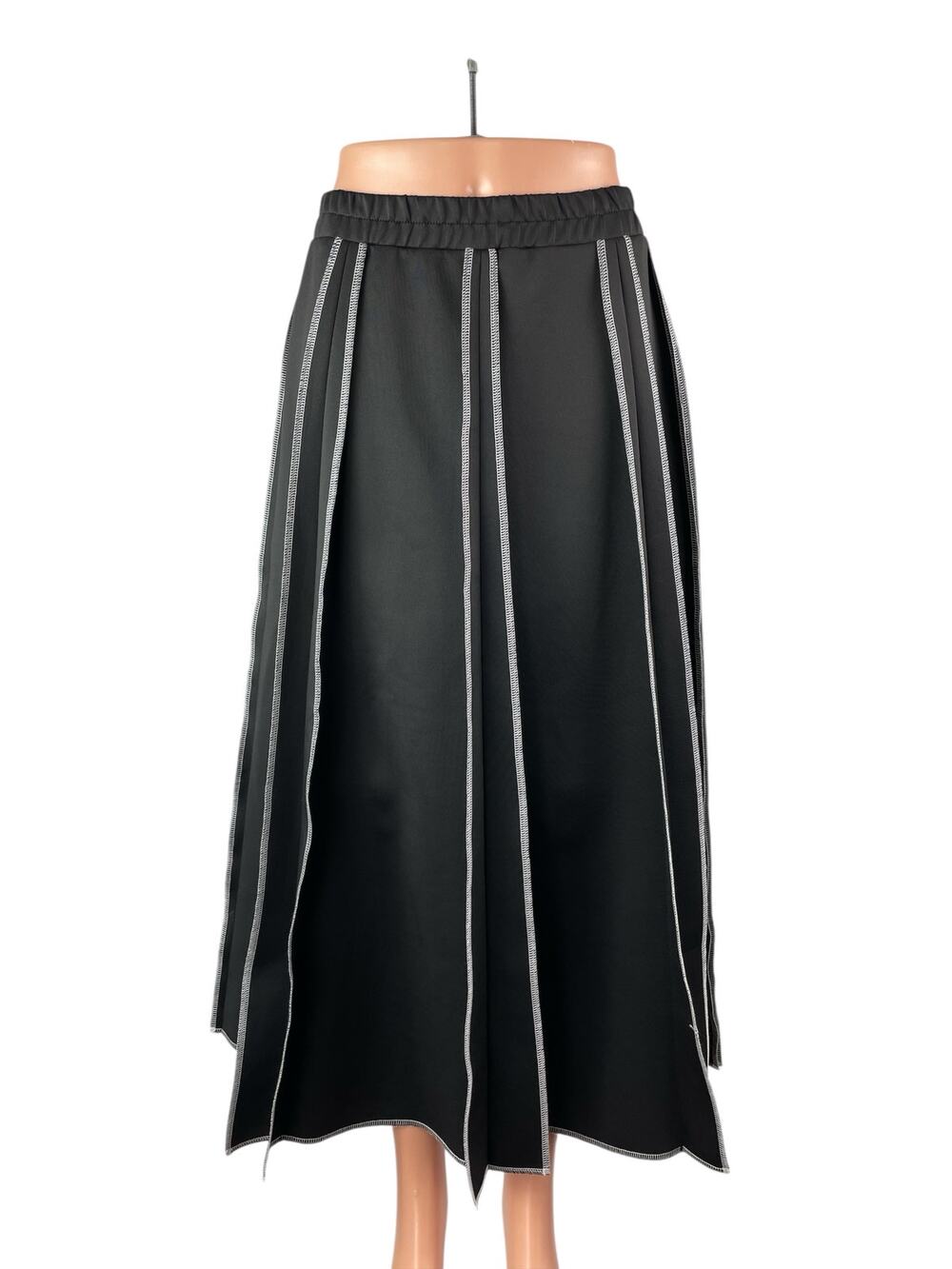 Women's Black Panelled Elastic Waist High Rise Pleated Midi Flare A-Line Skirt M